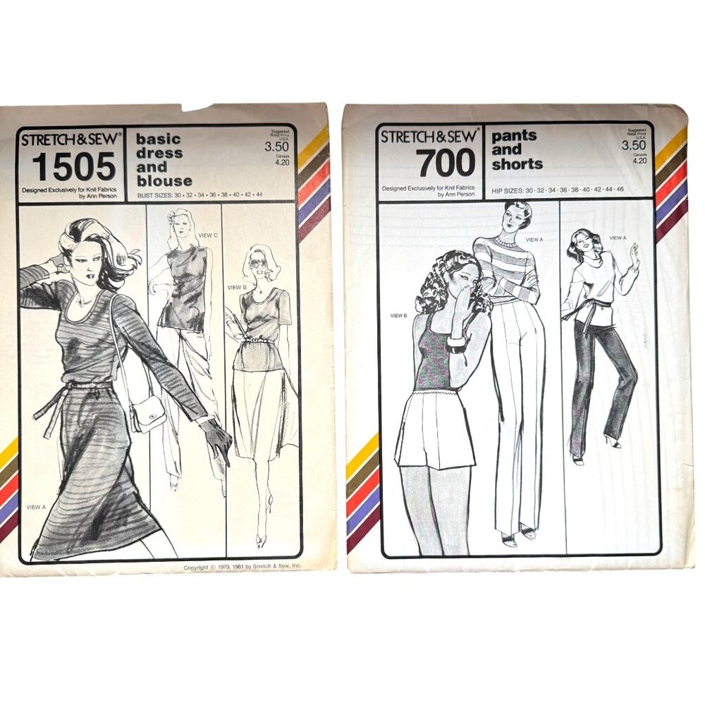 Vtg 70s Stretch & Sew Sew Pattern1505 Dress Blouse/ 700 Pants Shorts Bust UNCUT